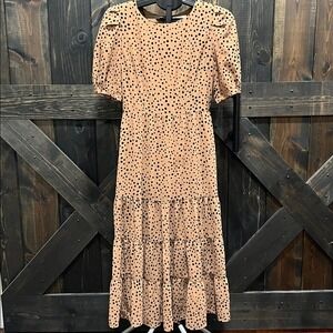 BB Dakota Polka Dot Ruffle Midi Dress 2 Tan Puff Sleeve Boho Cottage Modest